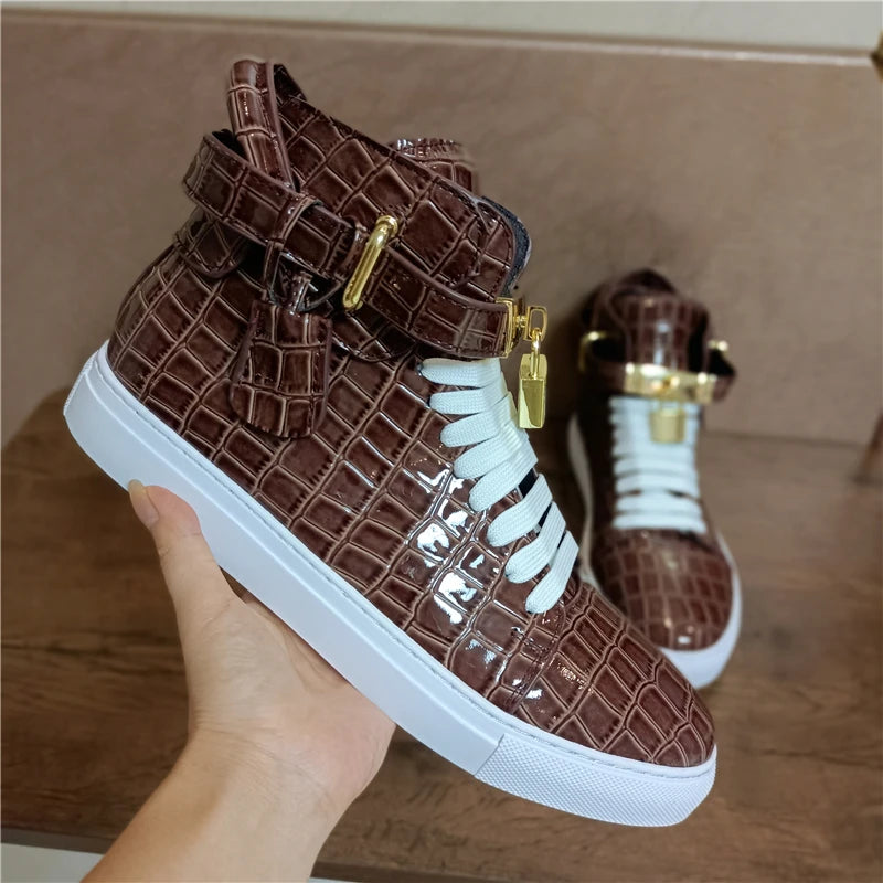 Men Alligator Pattern High Top Sneakers Lock Lace Flats Glossy Real Leather Newest Designer Boots Men‘s Casual Shoes