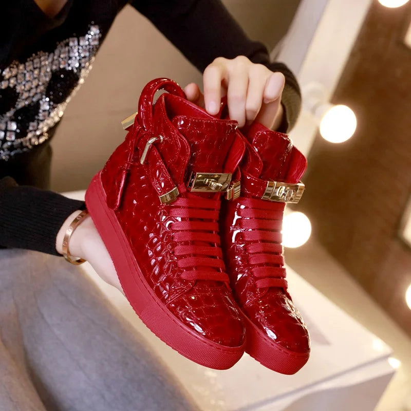 Men Embossed Crocodile High Top Sneakers Lock Lace Red Flats Real Leather Designer Boots Men‘s Casual Shoes