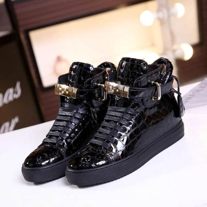 Men Embossed Crocodile High Top Sneakers Lock Lace Red Flats Real Leather Designer Boots Men‘s Casual Shoes