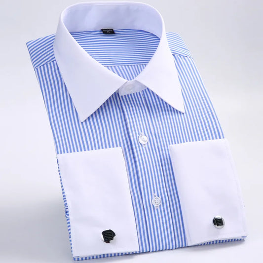 Men's Classic French Cuffs Striped Dress Shirt Single Patch Pocket Standard-fit Long Sleeve Wedding Shirts (Cufflink Included)