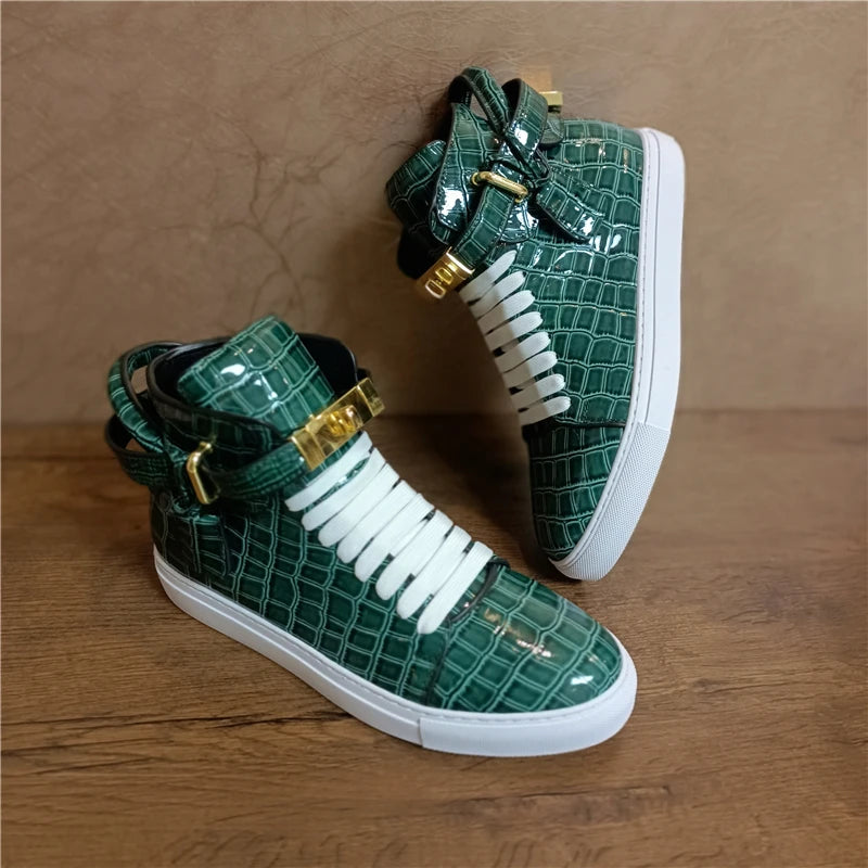 Men Alligator Pattern High Top Sneakers Lock Lace Flats Glossy Real Leather Newest Designer Boots Men‘s Casual Shoes