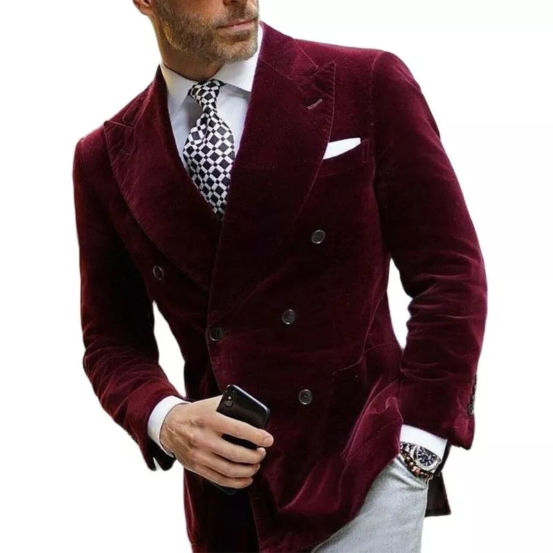 Burgundy Velvet Blazer for Men with Double Breasted Dinner Jacket Elegant Smoking Suit Coat 2023