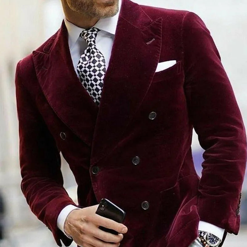 Burgundy Velvet Blazer for Men with Double Breasted Dinner Jacket Elegant Smoking Suit Coat 2023