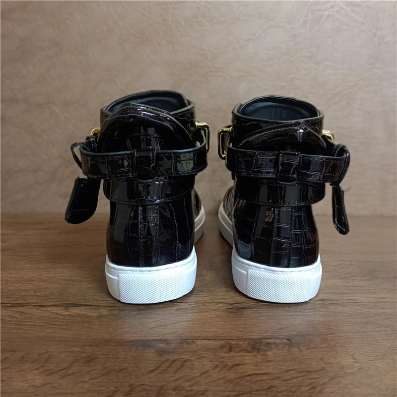 Men Alligator Pattern High Top Sneakers Lock Lace Flats Glossy Real Leather Newest Designer Boots Men‘s Casual Shoes