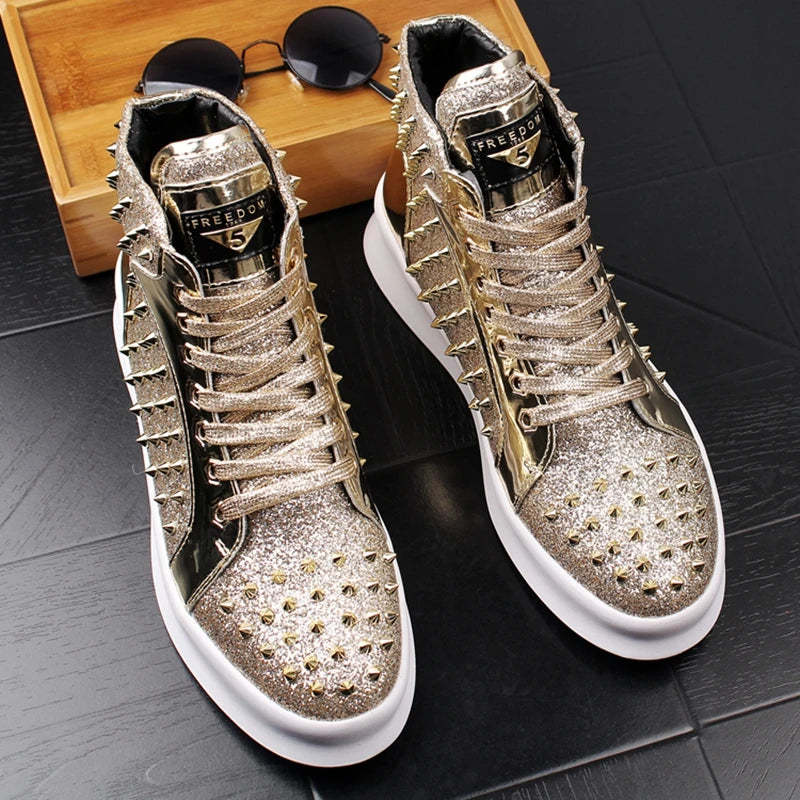 Stephoes New Men Fashion Casual Ankle Boots Spring Autumn Punk Style Rivets Trend Shoes Male Leather High Top Hip Hop Sneakers