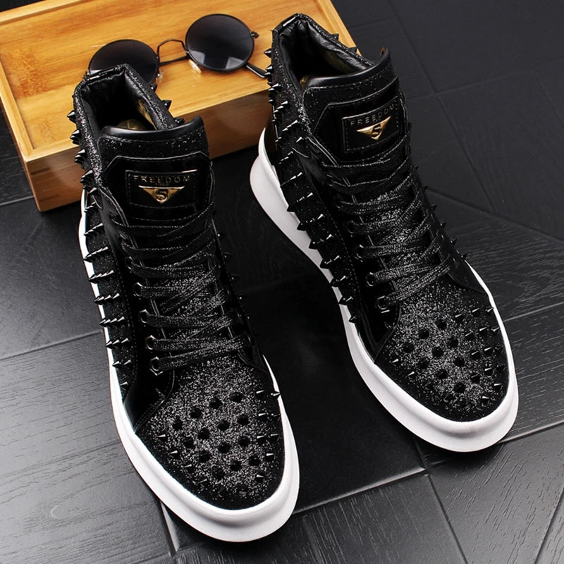 Stephoes New Men Fashion Casual Ankle Boots Spring Autumn Punk Style Rivets Trend Shoes Male Leather High Top Hip Hop Sneakers