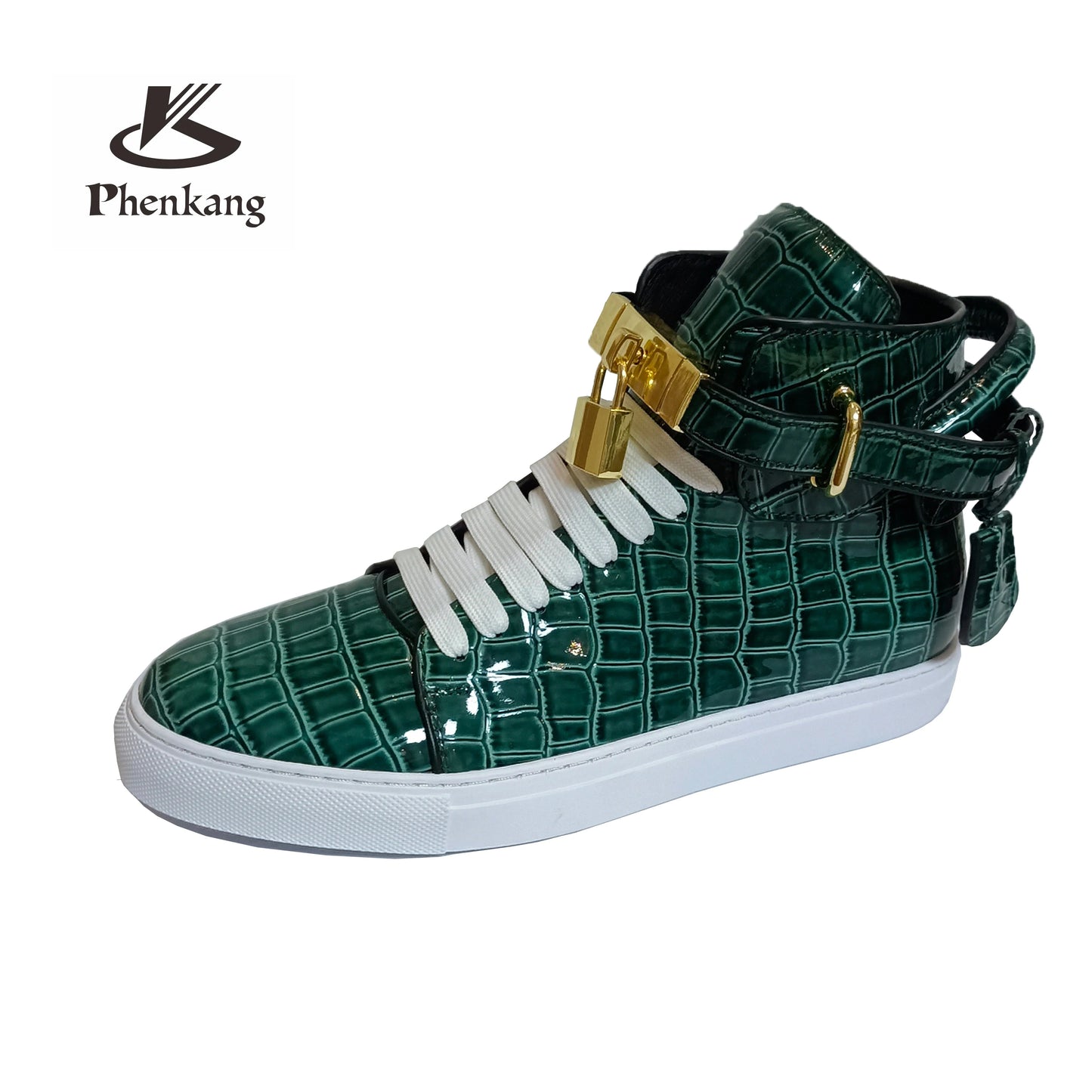 Men Alligator Pattern High Top Sneakers Lock Lace Flats Glossy Real Leather Newest Designer Boots Men‘s Casual Shoes