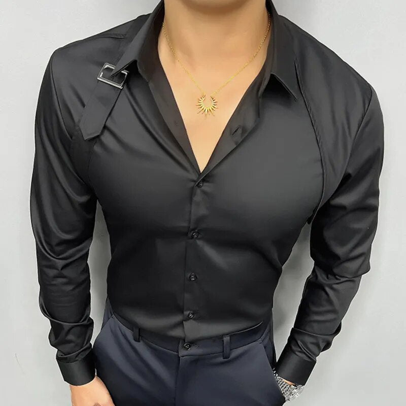 2023Tuxedo Shirt Social Shoulder Strap Splicing Metal Button Design Men's British Fashion Slim Shirt Trend Men Long Sleeve Shirt