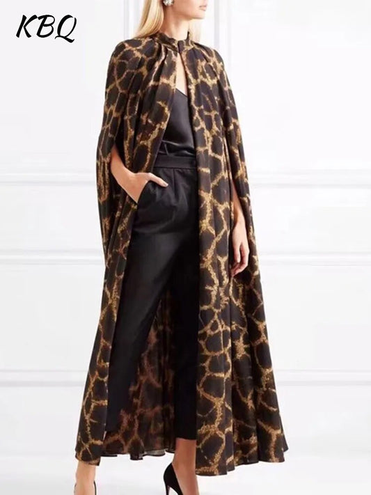 KBQ Leopard Oversize Cardigan Coat For Women Round Neck Cloak Sleeve Print Maxi Windbreaker Female Autumn Fashion Clothing New