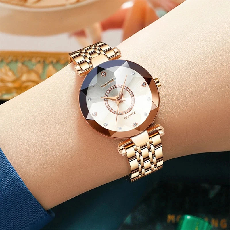 SENO Ocean Star Women Crystal Watch Top Brand Luxury Rose Gold Women Bracelet Watch for Ladies Wrist Watch Relogio Feminino