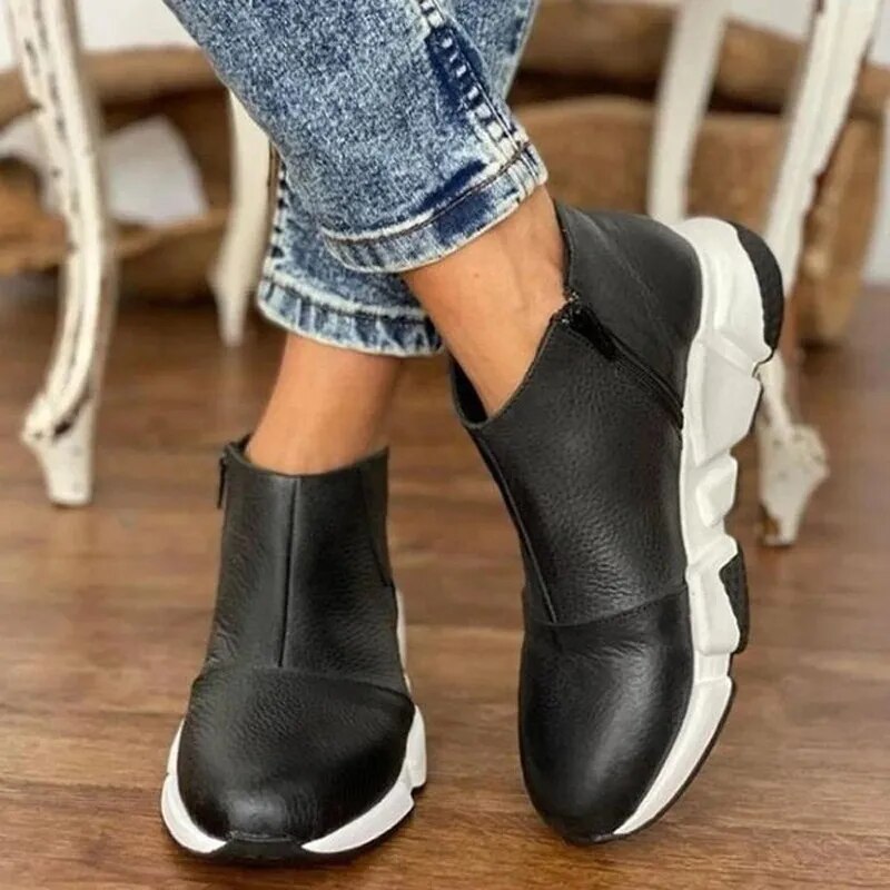 Short Tube All-match Women's Casual Leather Boots Autumn Trend Flat Bottom Comfortable New Zipper Nude Boots Women