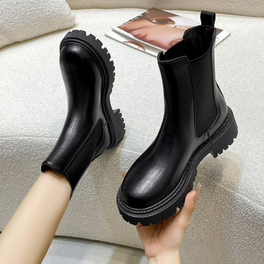 Women Chelsea Boots Spring New Black Mid Ankle Flat Platform Lady Shoes Female All Match Classic Concise Fashion Round Toe Shoes