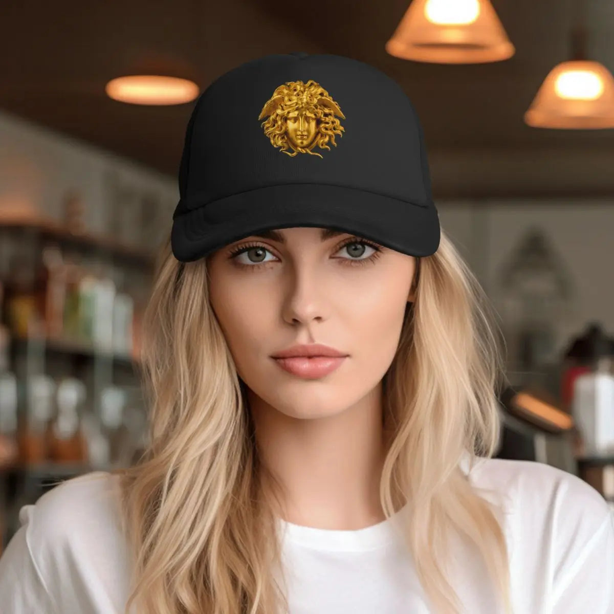 Adult Elegant Chic French Golden Haired Medusa Mask Trucker Caps Mesh Baseball Cap Mythological Greek Hats Adjustable Sports Cap