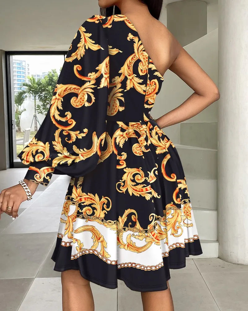 Women's Fashion Off the Shoulder Waist Printed Dress Commuter Loose Personalized Clothing New Style