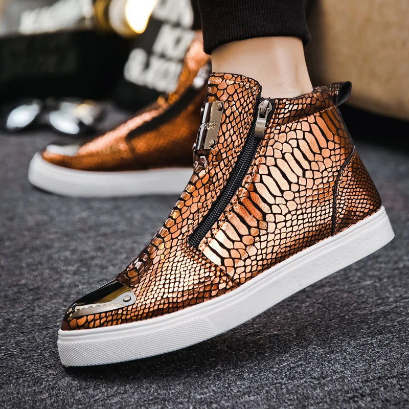 New Luxury Glitter Snake Designer Shoes Men Gold High Top Original Men's Sneakers Fashion Zipper Casual Ankle Boots For Men