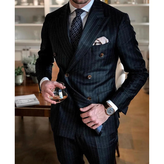 Black Striped Men Suits Fashion Peak Lapel Double Breasted Male Blazer with Pants Formal Casual Wedding Tuxedo 2 Piece Slim