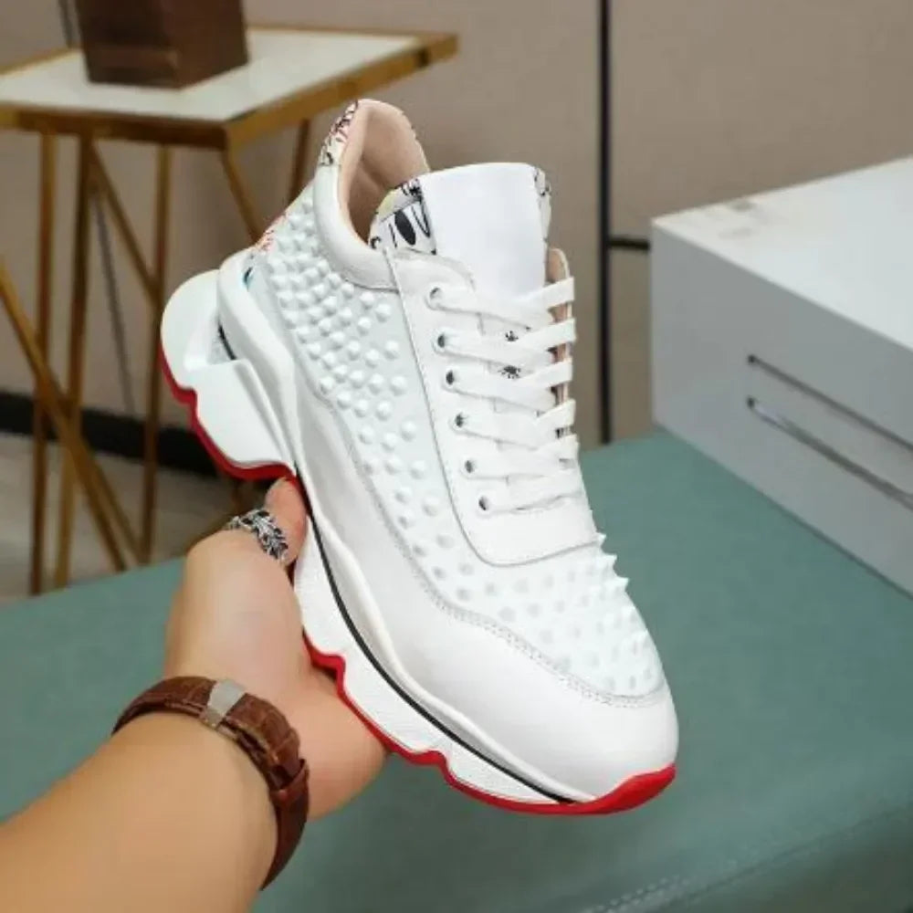 Luxury Designer White Leather Red Bottoms High Tops Tennis Rivets Shoes For Men's Casual Flats Loafers Women's Spiked Sneakers