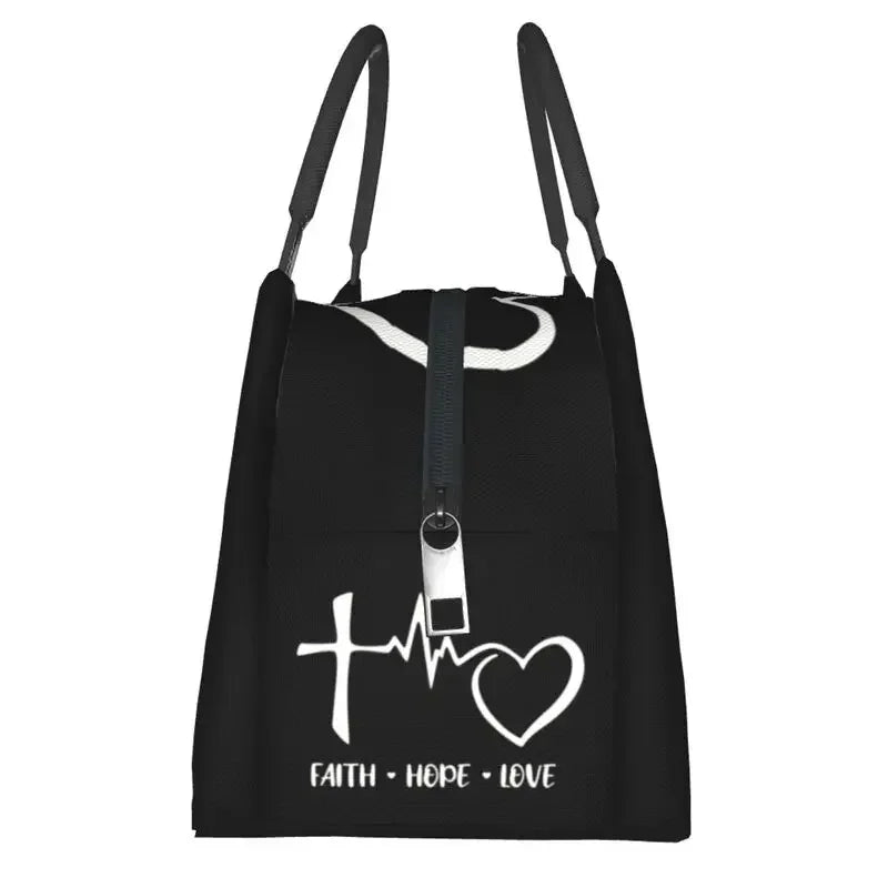 Faith Hope Love Heartbeat Thermal Insulated Lunch Bags Women Cross Crucifix Jesus Christ Church God Lord Lunch Food Box