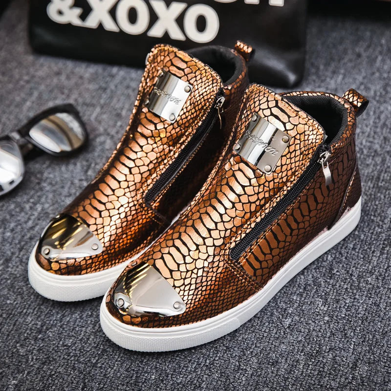 New Luxury Glitter Snake Designer Shoes Men Gold High Top Original Men's Sneakers Fashion Zipper Casual Ankle Boots For Men