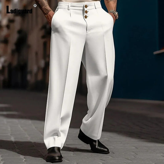 Men's Stand Pocket Elegant Straight Pants Solid White Formal Party Trousers Plus Size 3xl Mens Fashion Triple Buttons Suit Pants