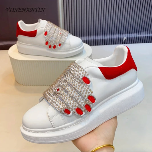 Heigt Increasing Women's Sneakers Crystal Finger Hook&loop Round Toe Thick Bottom Soft Comfortable White Casual Shoes for Women