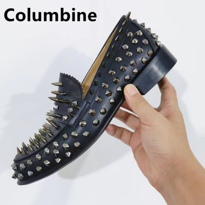 Newest Fashion Men Handmade Studs Spike Shoes Black Loafers Shoes Runway Rivets Party Wedding Shoes