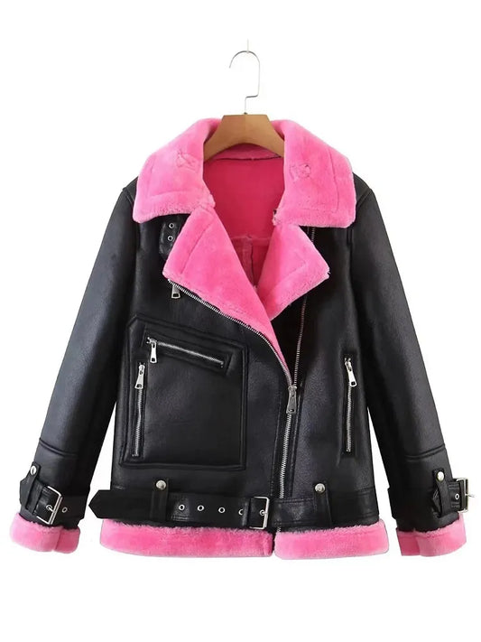 SLMD Winter Fashion Colorful Fur Turn-down Collar Leather Jackets With Belt Pockets Women Thick Warm Fur Coat -20~-10℃