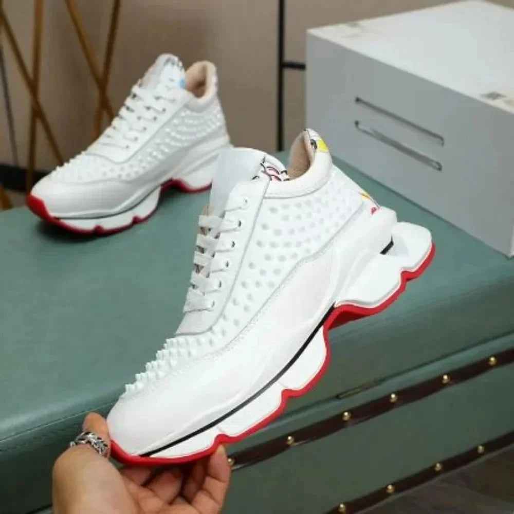 Luxury Designer White Leather Red Bottoms High Tops Tennis Rivets Shoes For Men's Casual Flats Loafers Women's Spiked Sneakers