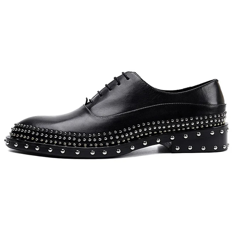 Luxury Handmade Rivets Design Men Genuine Leather Shoes Business Casual Formal Wedding Shoes Gentlmen Black Moccasins