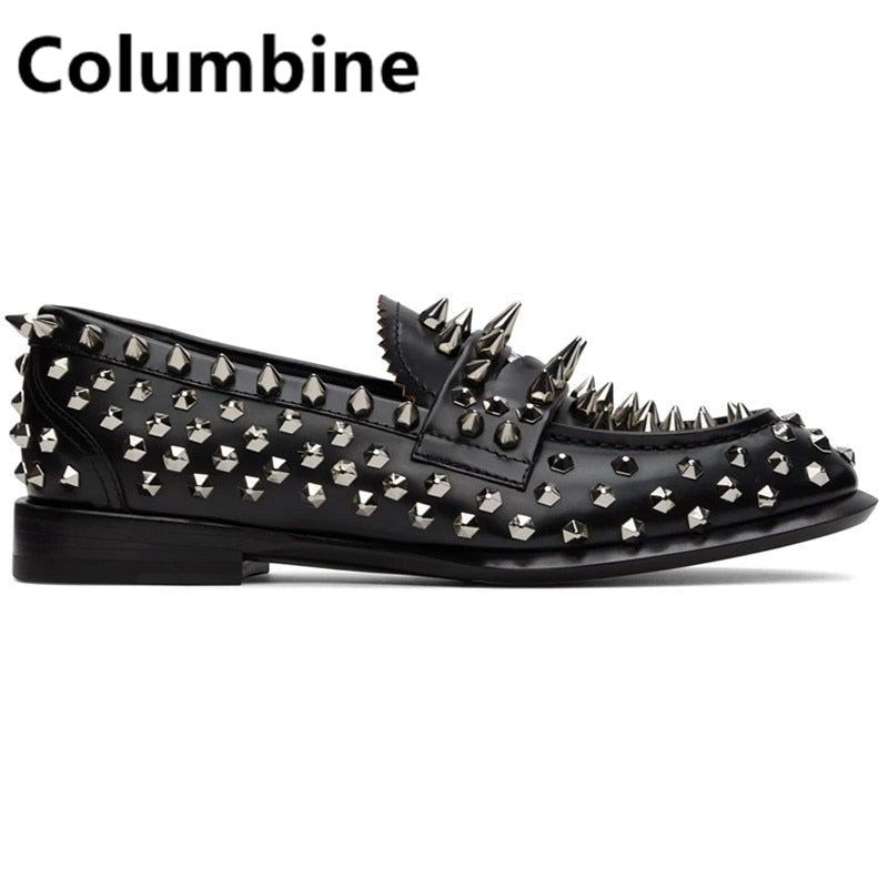 Newest Fashion Men Handmade Studs Spike Shoes Black Loafers Shoes Runway Rivets Party Wedding Shoes