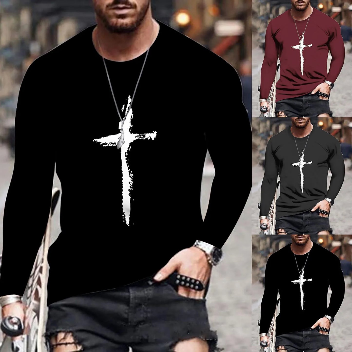 Men's Graphic T-shirt Casual Pullover Print Round Neck T-shirts Long-Sleeve tee Bottoming Top Sports Loose All-match Chemise 