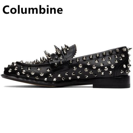 Newest Fashion Men Handmade Studs Spike Shoes Black Loafers Shoes Runway Rivets Party Wedding Shoes