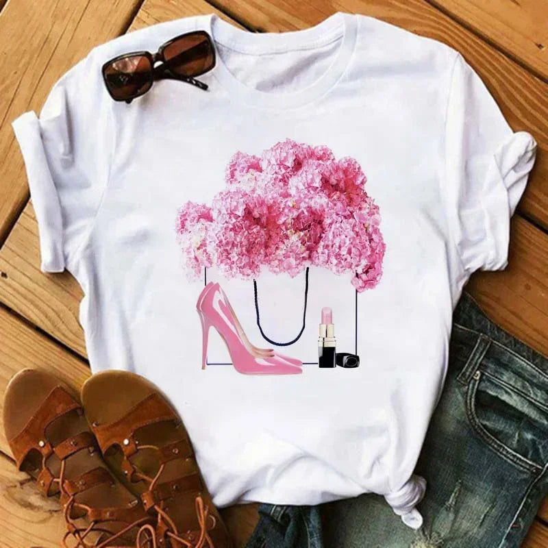 Maycaur Pink High Heels Flowers Bag Print T Shirt Women Trendy Hipster Harajuk Kawaii Short Sleeves Tops Tee Shirt Femme Clothes