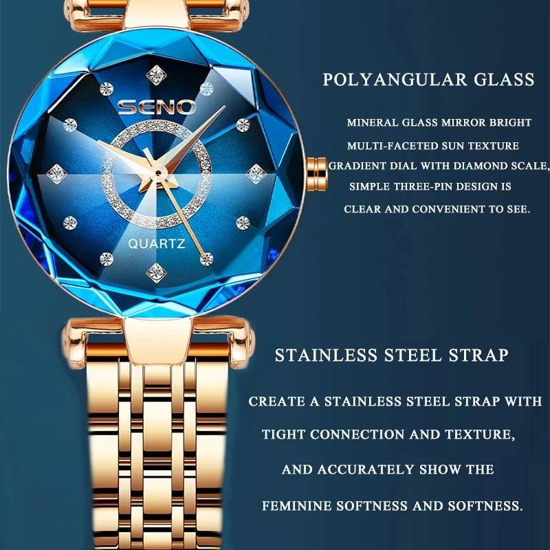 SENO Ocean Star Women Crystal Watch Top Brand Luxury Rose Gold Women Bracelet Watch for Ladies Wrist Watch Relogio Feminino