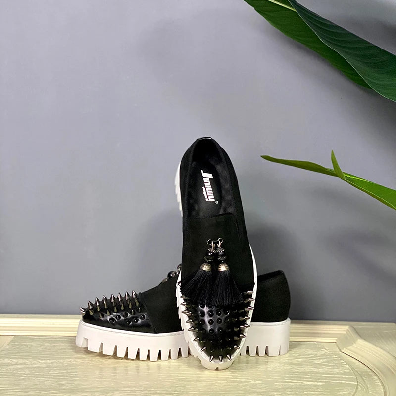 Spring and summer new style rivet thick bottom tassel set foot Lefu shoes frosted cow leather fashion large low heel men's shoes