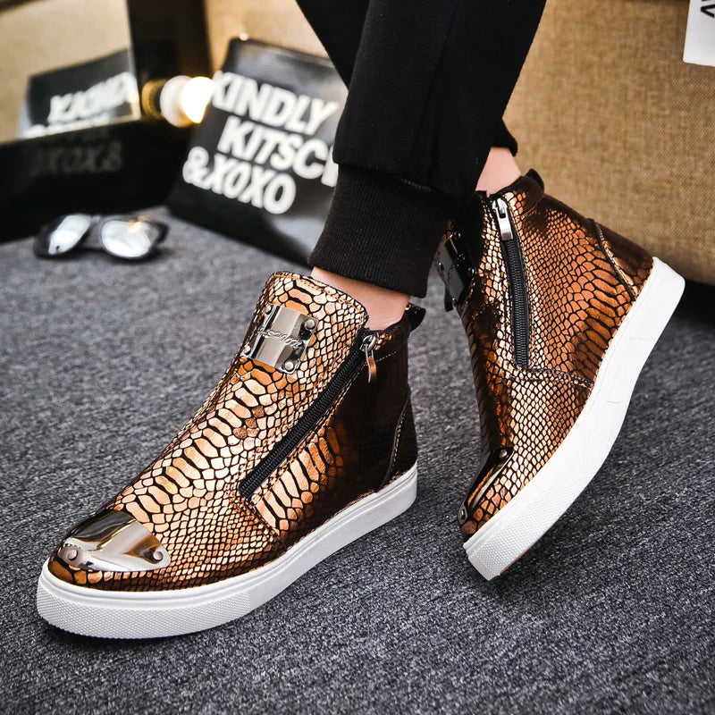 New Luxury Glitter Snake Designer Shoes Men Gold High Top Original Men's Sneakers Fashion Zipper Casual Ankle Boots For Men