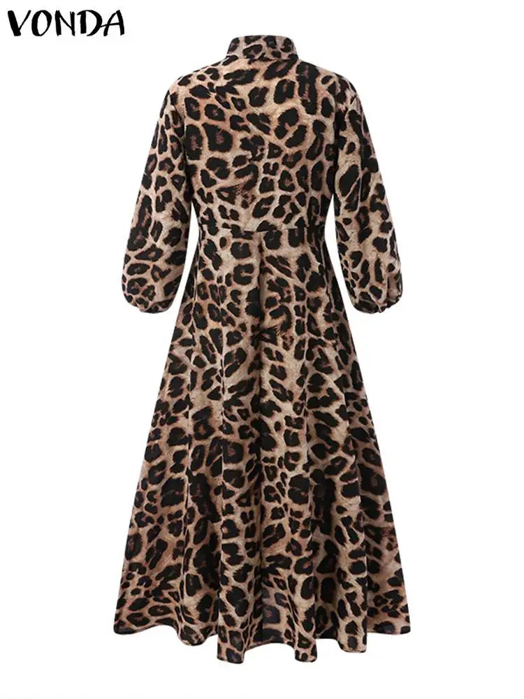 VONDA 2024 Summer Casual Dress Bohemian Elegant Women Leopard Print Dress Long Lantern Sleeve Loose V Neck Party Robe Femme