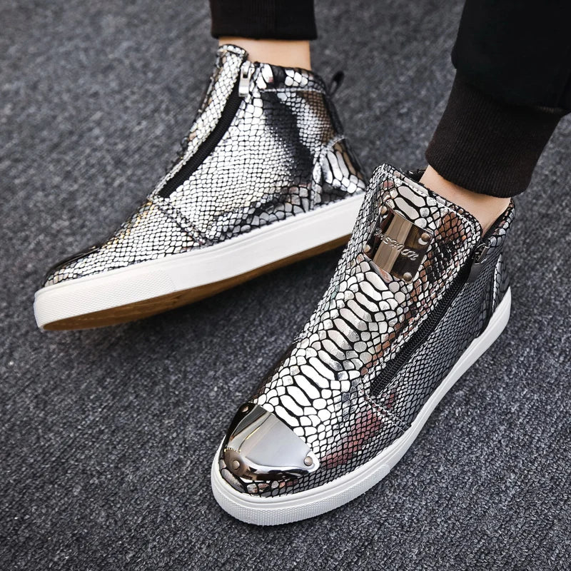 New Luxury Glitter Snake Designer Shoes Men Gold High Top Original Men's Sneakers Fashion Zipper Casual Ankle Boots For Men