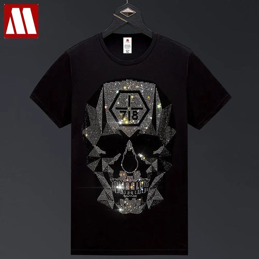 2024 Summer Men's Design Black Skull Rhinestones T shirts Man Slim Fit Elastic Cotton Diamond Print Tees Streetwear Cool Tops