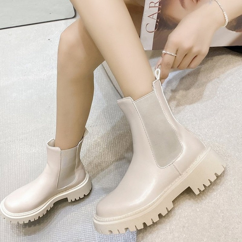 Women Chelsea Boots Spring New Black Mid Ankle Flat Platform Lady Shoes Female All Match Classic Concise Fashion Round Toe Shoes