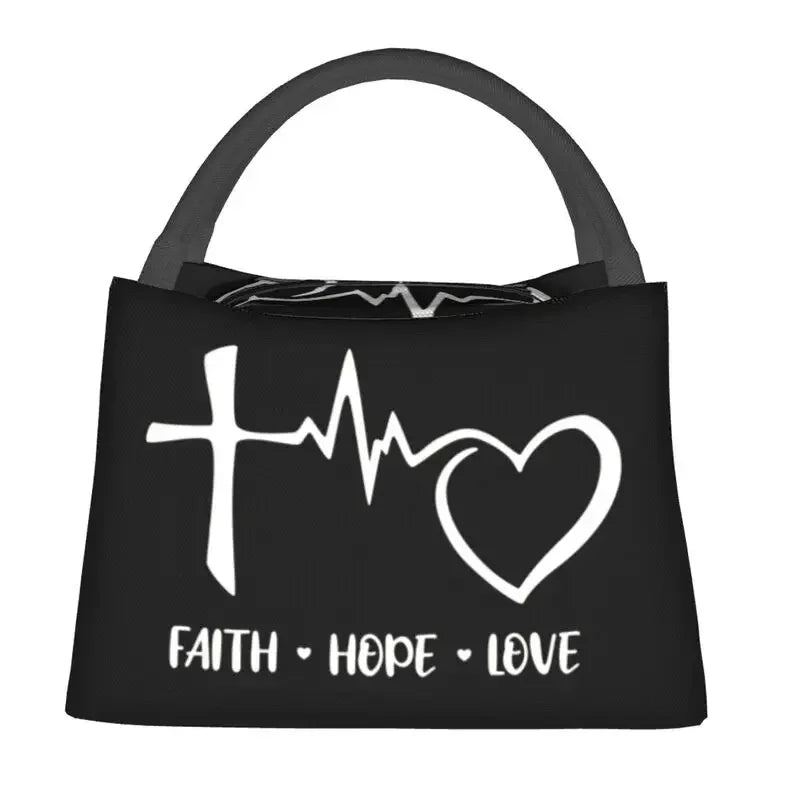 Faith Hope Love Heartbeat Thermal Insulated Lunch Bags Women Cross Crucifix Jesus Christ Church God Lord Lunch Food Box