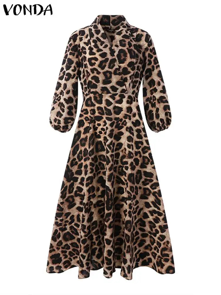 VONDA 2024 Summer Casual Dress Bohemian Elegant Women Leopard Print Dress Long Lantern Sleeve Loose V Neck Party Robe Femme