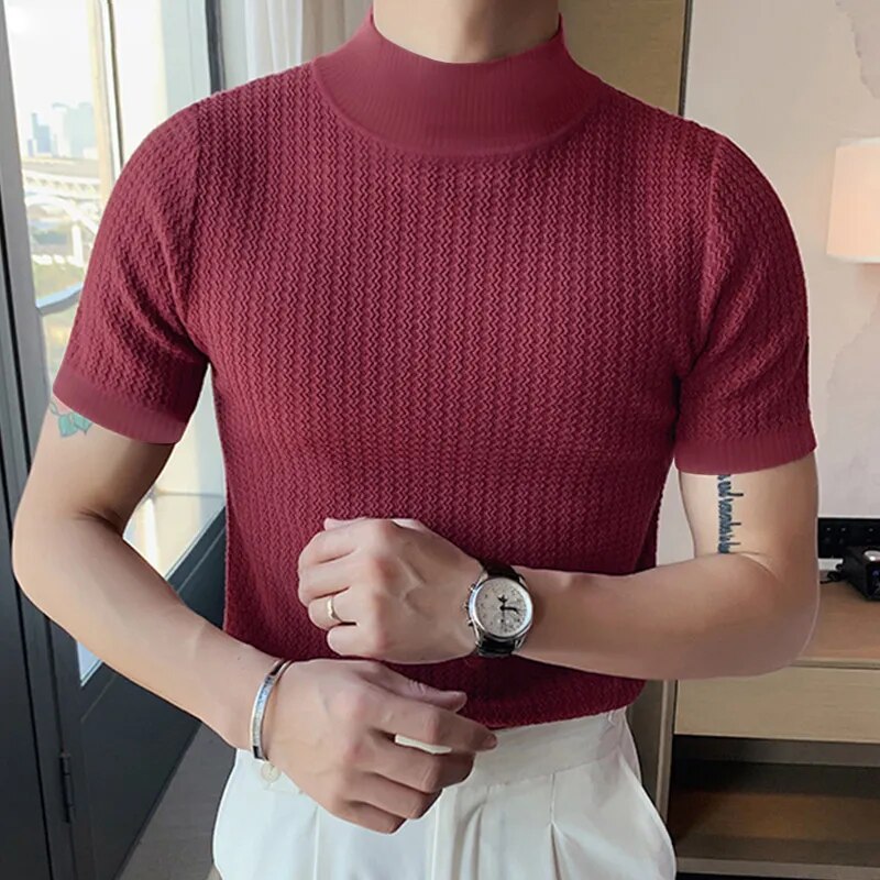 2023 Summer Tight Knited T-shirt Casual Streetwear High-neck Solid Color Short-sleeved Bottoming Tees S-3XL Luxury Clothing