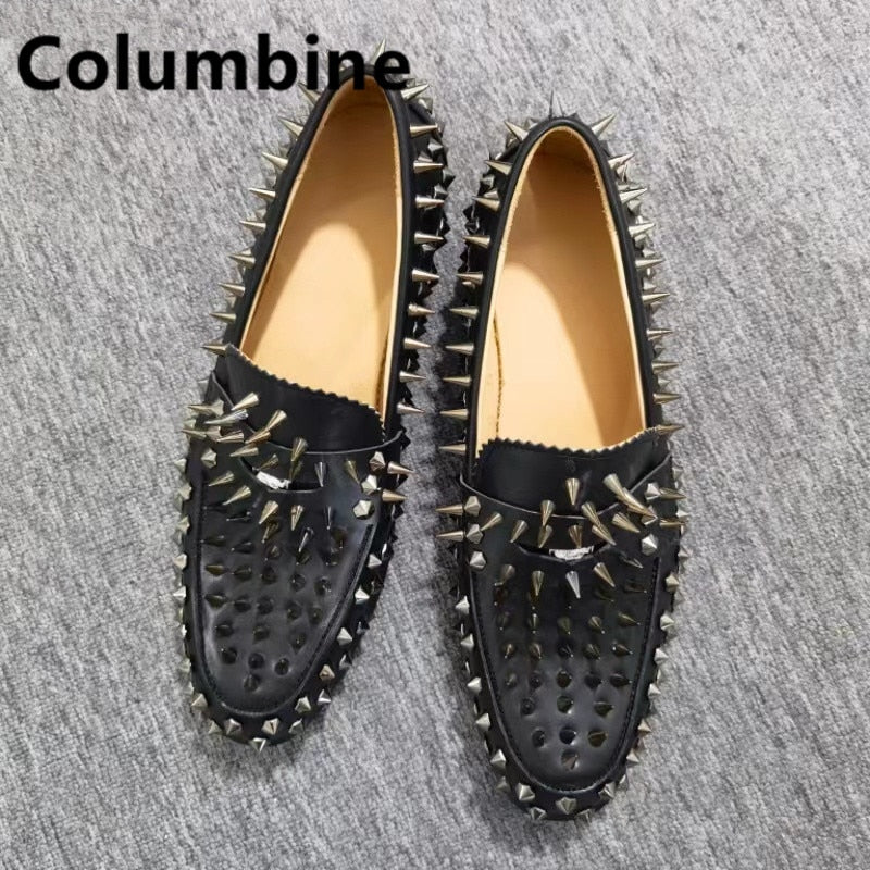 Newest Fashion Men Handmade Studs Spike Shoes Black Loafers Shoes Runway Rivets Party Wedding Shoes