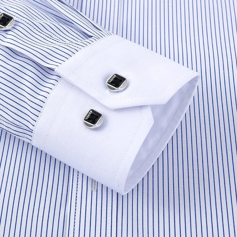 Button Down Shirt for Men Long Sleeve Striped Shirt Patchwork Slim Fit Casual Business Dress Shirts Anti-Wrinkle Non-Iron Cotton