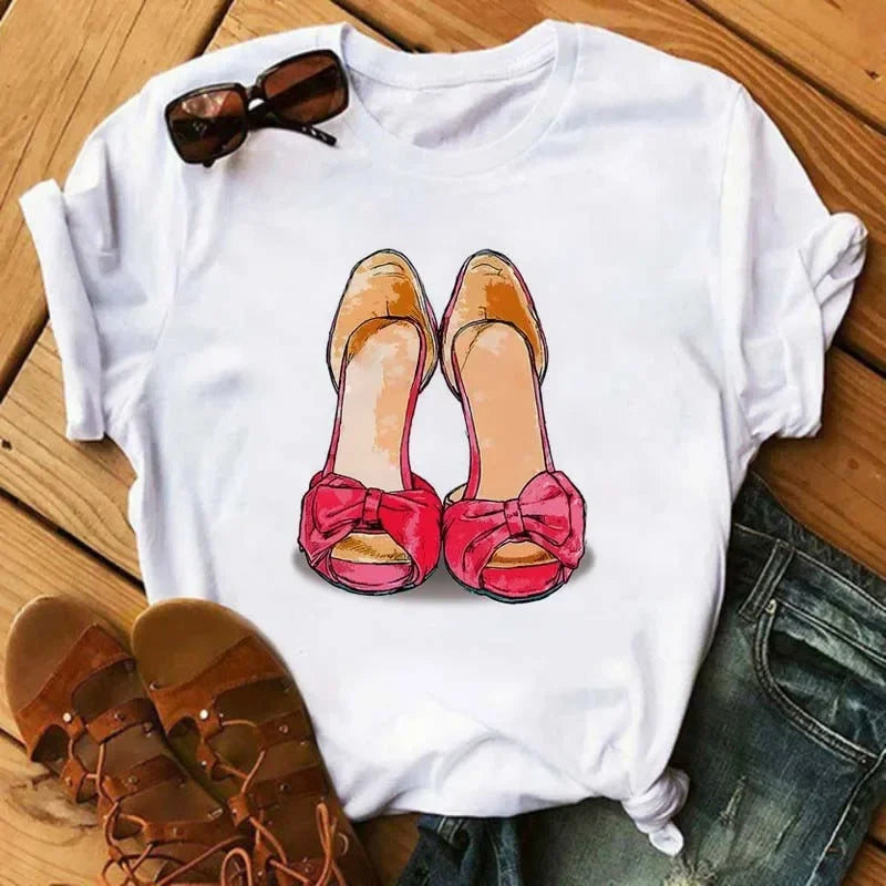 Maycaur Pink High Heels Flowers Bag Print T Shirt Women Trendy Hipster Harajuk Kawaii Short Sleeves Tops Tee Shirt Femme Clothes