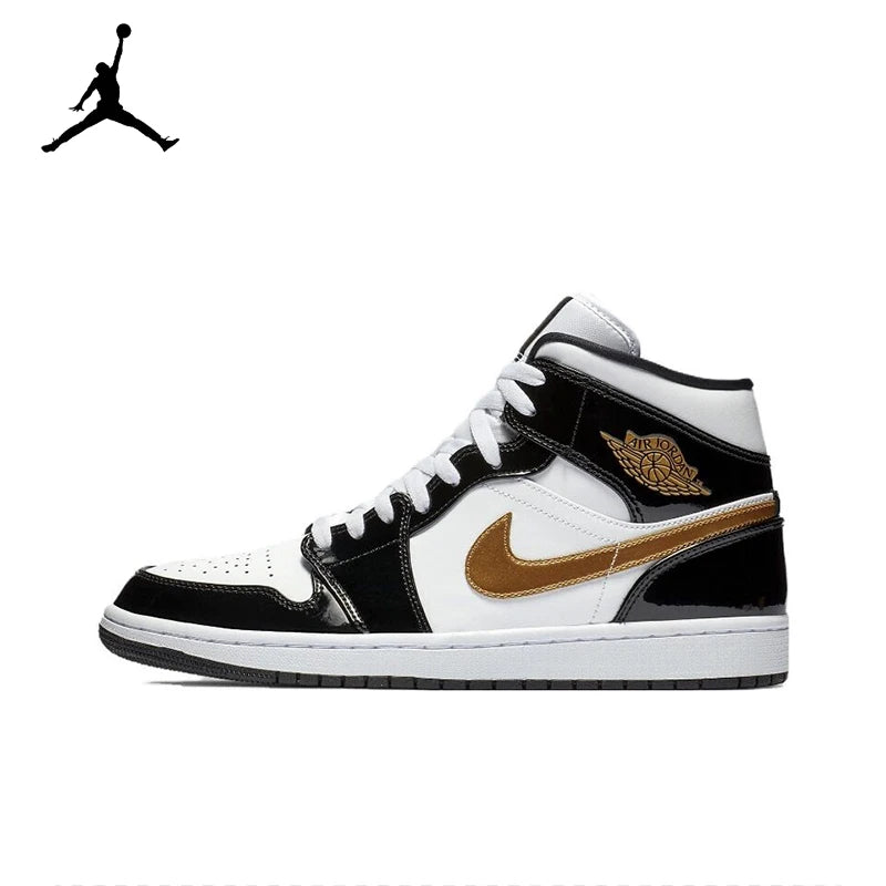 Original Air Jordan 1 Mid  gold and black Retro Classic Basketball Sneakers Shoes