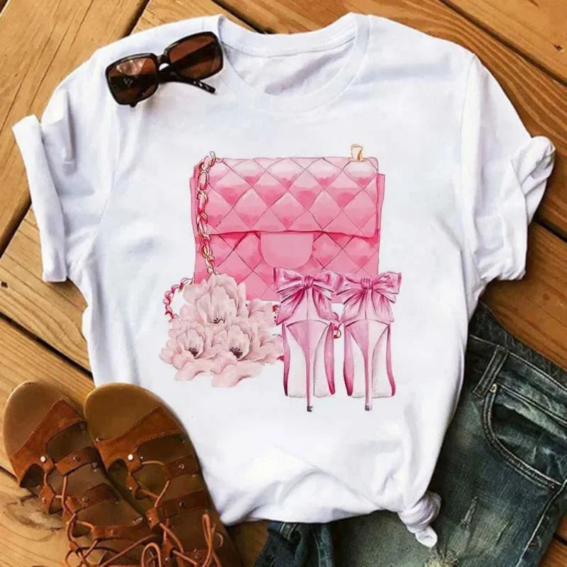 Maycaur Pink High Heels Flowers Bag Print T Shirt Women Trendy Hipster Harajuk Kawaii Short Sleeves Tops Tee Shirt Femme Clothes