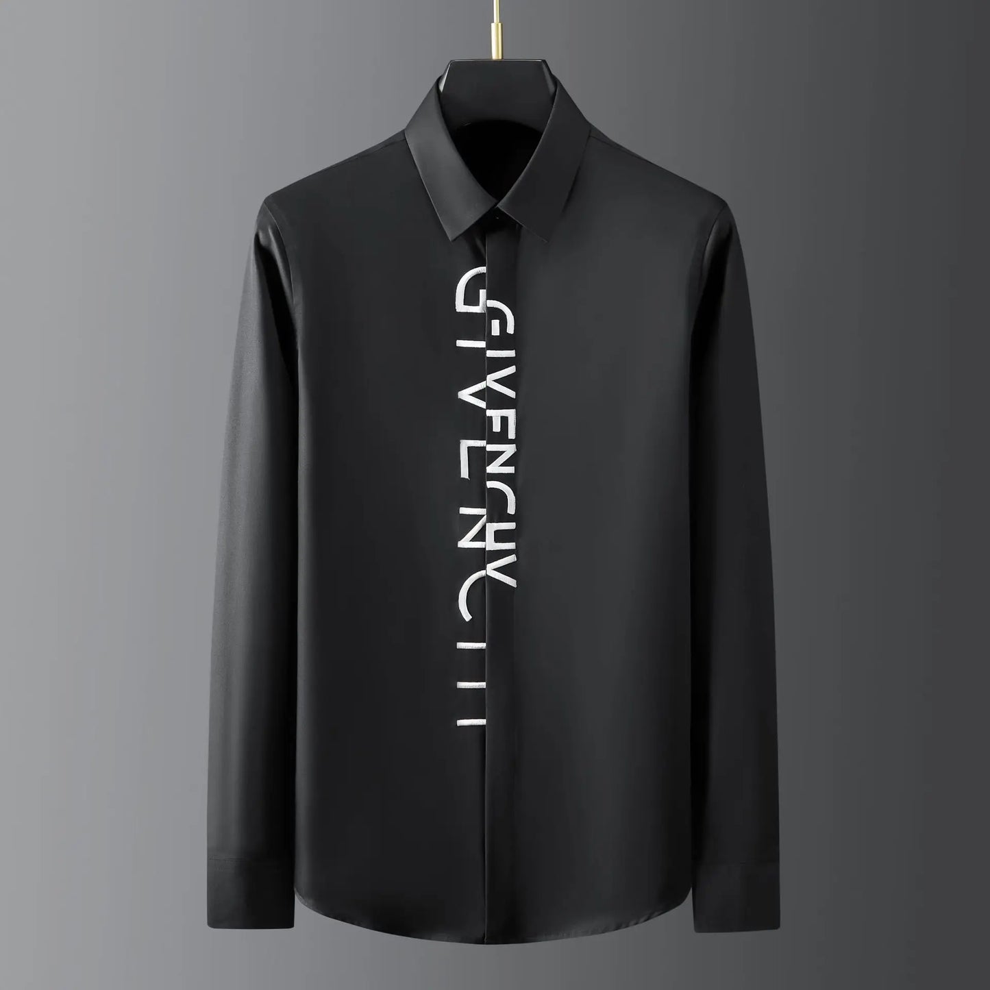 Spring and summer new style placket with messy letters embroidered high-end men's long sleeved shirt factory