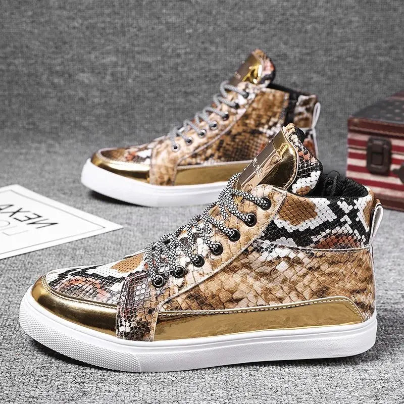 New Design Silver Men High Top Sneakers Fashion Snake Leather Men Vulcanized Shoes Comfortable Anti-slip Men Skateboarding Shoes